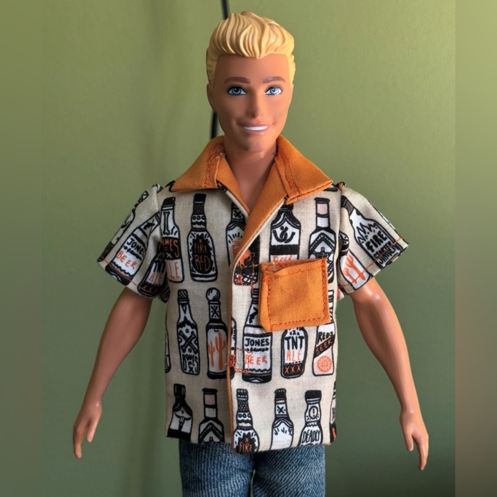 Handcrafted beer bottle print doll shirt